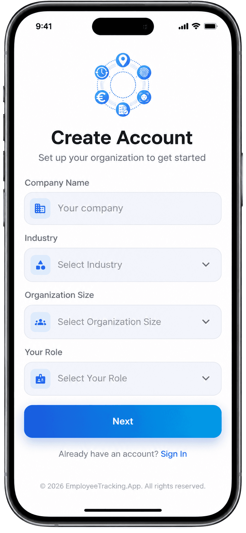 EmployeeTracking.App create account screen