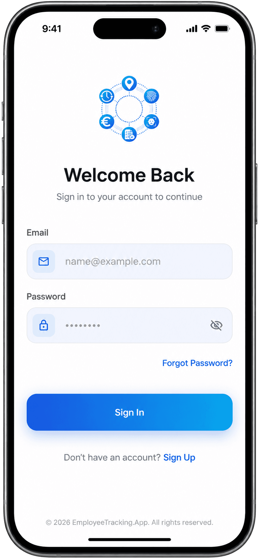 EmployeeTracking.App sign in / welcome back screen